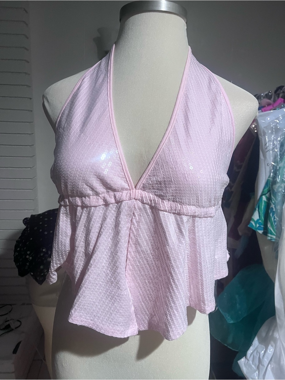 Sans Souci Pale Pink Sequin Halter Ruffle Crop Top